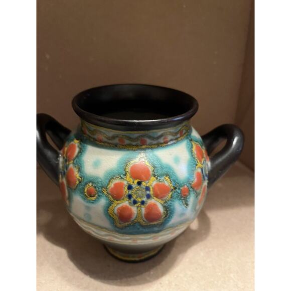 Gouda Holland Art Pottery Borne Orange Blue Ceramic Double Handle Pot 1848 - Picture 4 of 9